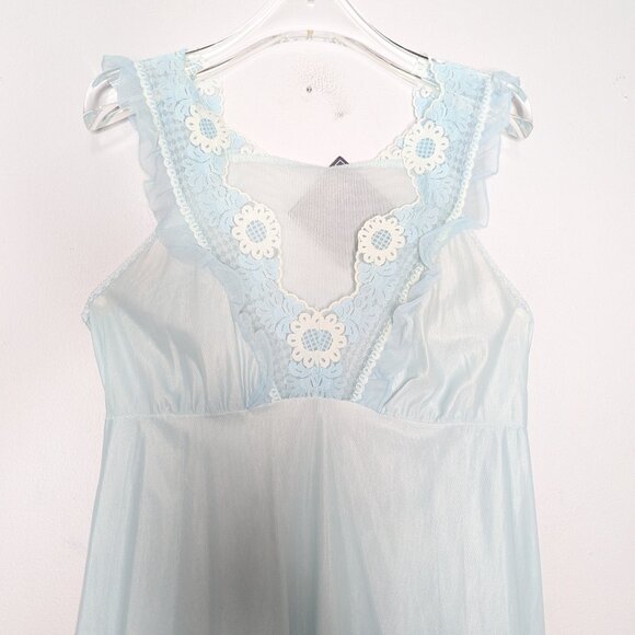 Vintage 1960's Baby Blue Sleeveless V-Neck Maxi Nightgown Floral Daisy Lace Trim - Picture 3 of 9